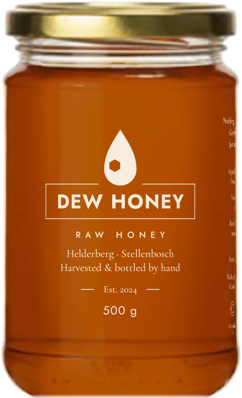 A 500 g jar of Dew Honey raw honey with its white Dew Cell label